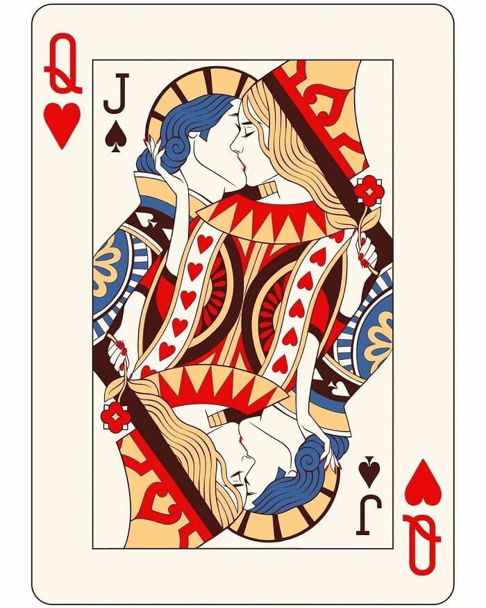 Surrealism-inspired playing card design with intertwined Queen of Hearts and Jack of Spades; vibrant colors and intricate patterns.