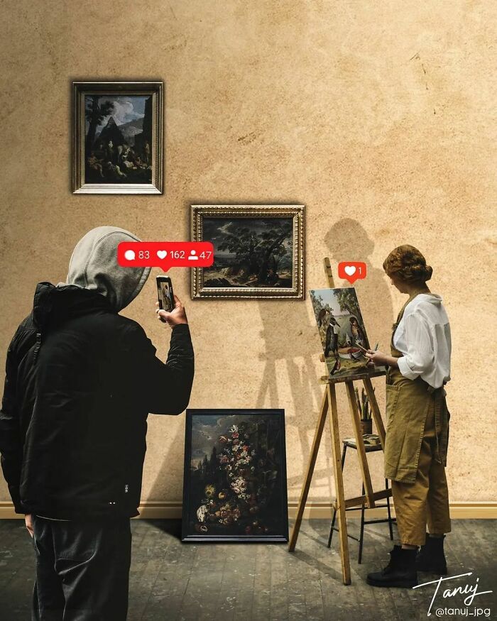 Person photographing a surreal gallery on Instagram, with a woman painting and digital "like" icons overlayed.