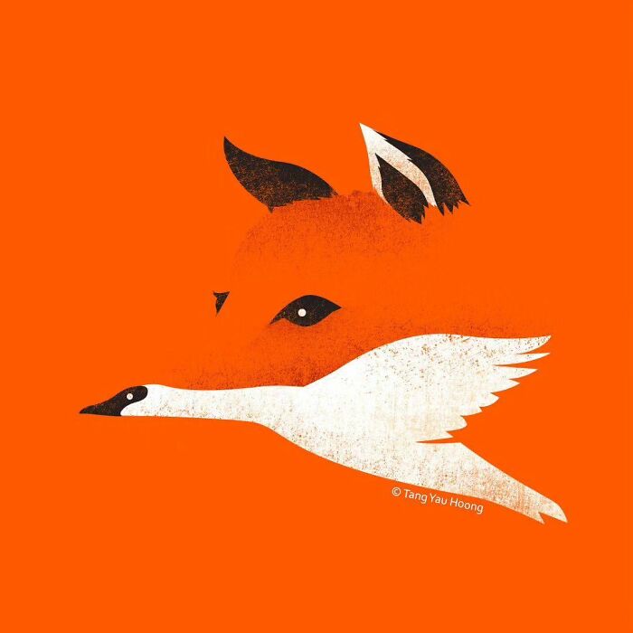 Surreal art featuring a fox and a goose blended together against an orange background.