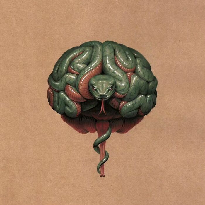 Surrealism artwork of a snake coiled into a brain shape on a beige background.