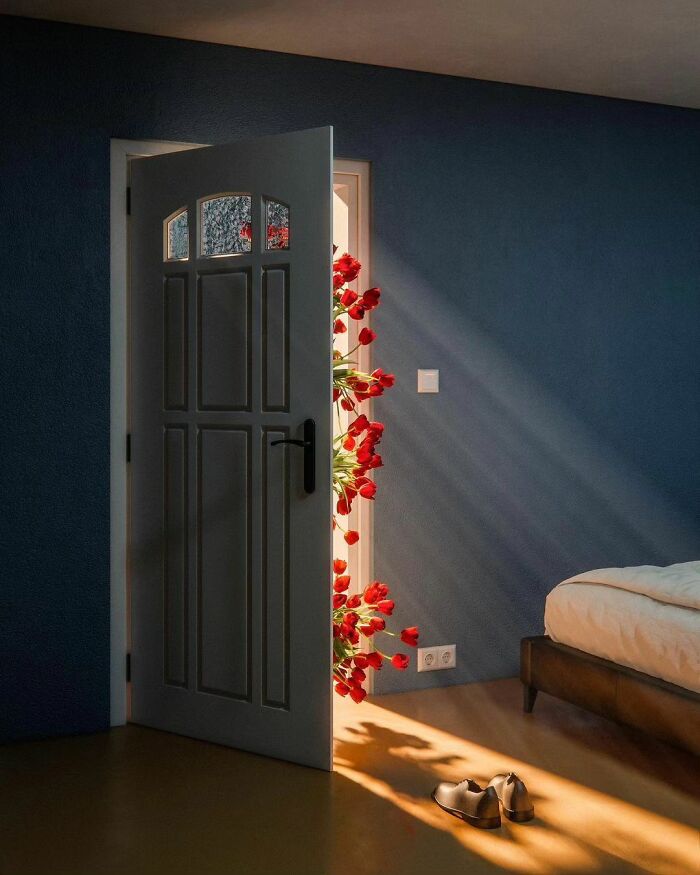 Surrealism-inspired scene with vibrant tulips flowing through a partially open door in a dimly lit room.