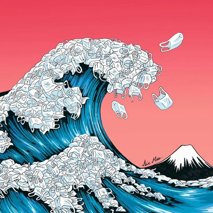 Surrealistic picture of a wave made of plastic bags. 