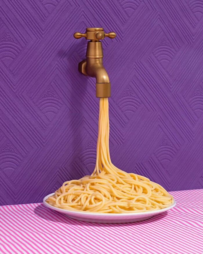 A surreal scene with pasta flowing from a faucet into a plate, set against a purple background.