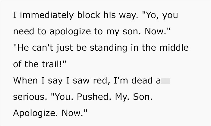 Text conversation highlighting a father’s anger over his son being pushed by an older man.