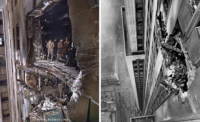 These Photos Shows The Aftermath Of The July 28th 1945 Crash Of A B-25 Mitchell Bomber From The Us Army Air Forces Into The Empire State Building In New York City Between The 78th And 80th Floors, While Flying In Thick Fog