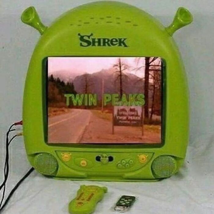 Shrek-themed TV with "Twin Peaks" on screen, showcasing an adorable and weird image for Instagram.