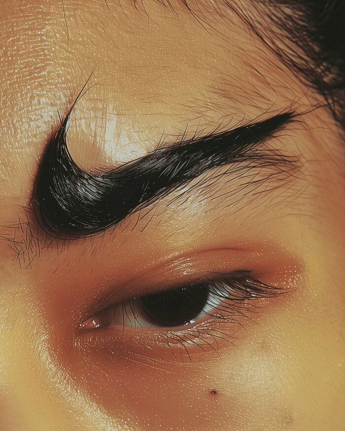 Close-up of an eye with a surreal eyebrow shape, showcasing surrealism art.