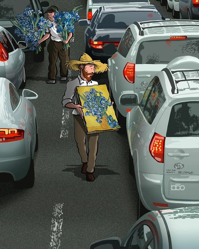 Surrealism artwork featuring a man in a hat holding a floral painting amidst traffic.