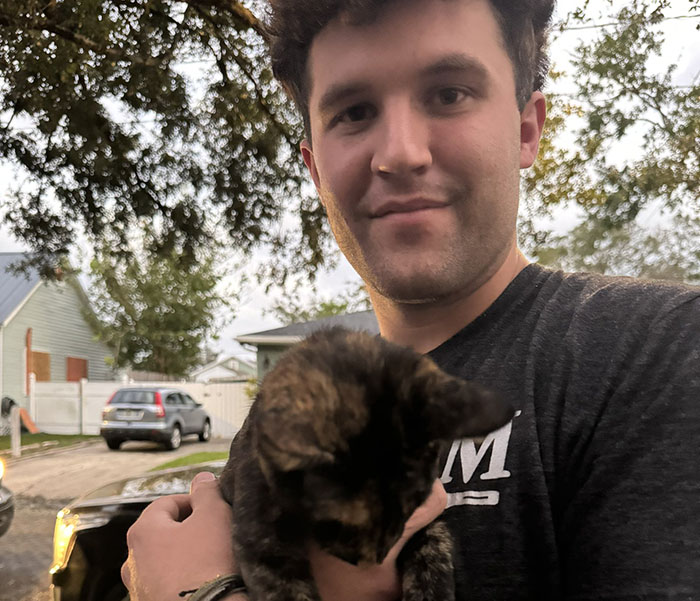 Reporter Arrives To Check Hurricane's Damage And Is Met By Fluffy Survivor