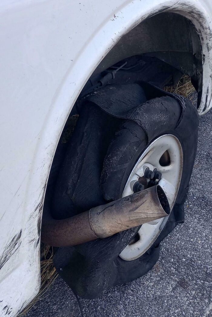 Tire Blowout. I'm Still Not Entirely Sure How This Happened, But My Silencer Came Loose And Got Into My Right Rear Wheel