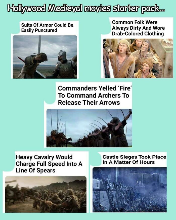 Humorous memes depict inaccuracies in medieval movie scenes, highlighting common film clichés about history.