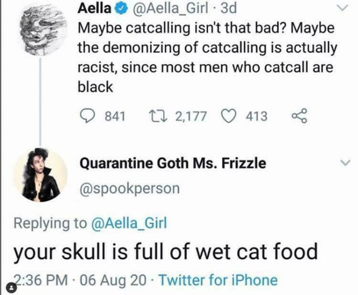 Bizarre sentence reply on Twitter suggesting someone's skull is full of wet cat food.