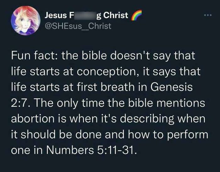 Twitter post humorously discusses Bible and conception, evoking mixed emotions.