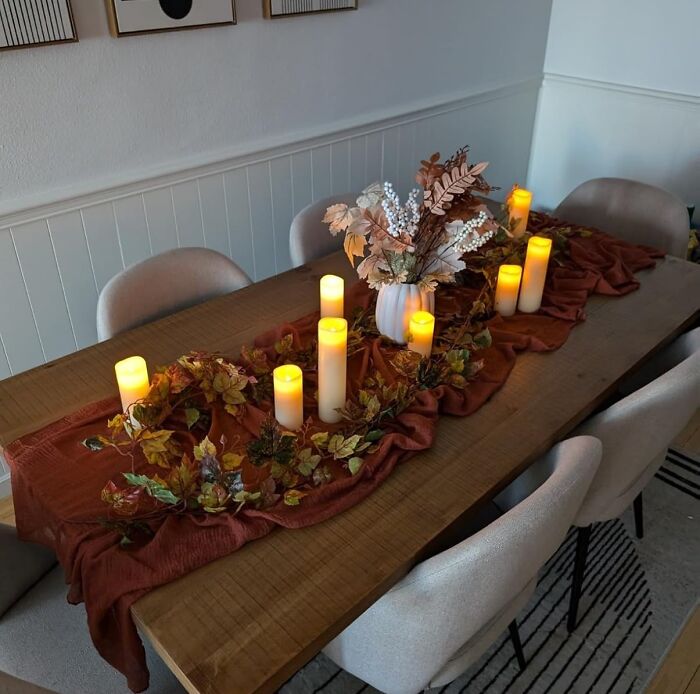  A Burgundy Cheesecloth Table Runner Gives You An Elevated Look For Halloween But Can Just Stay On The Table Through Thanksgiving! 