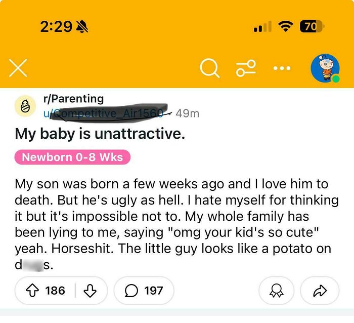 Reddit post in r/Parenting featuring a hilariously bizarre brand new sentence about an unattractive baby.