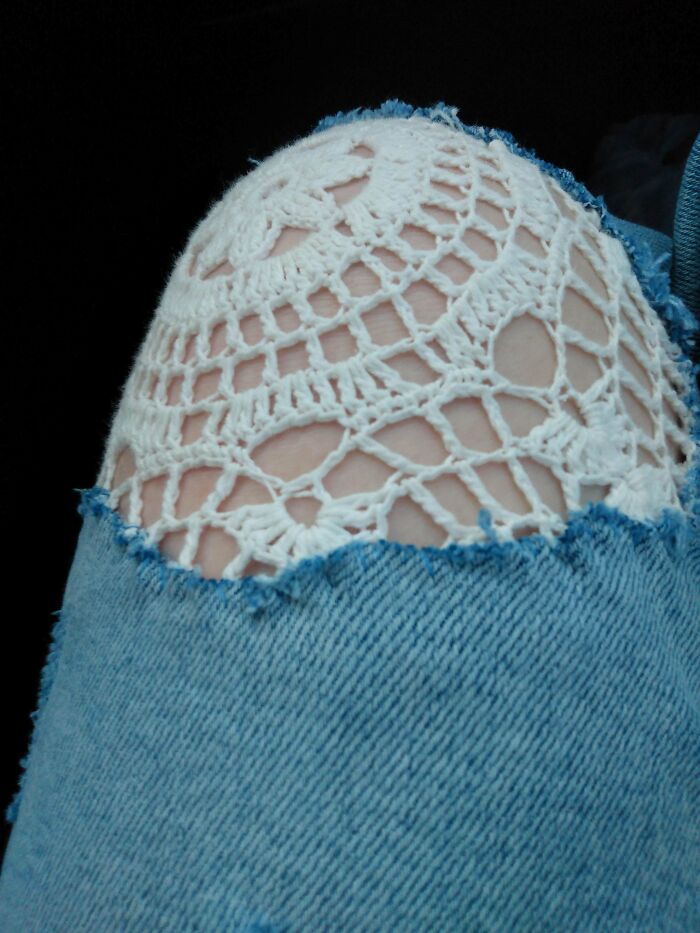 I Sewed Some Doilies Into Both Knees Of My Jeans (My First Mend Ever)!