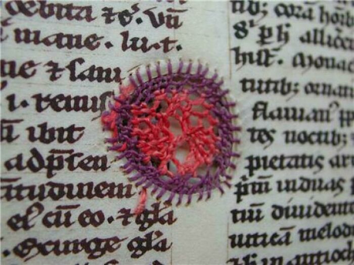 Parchment Holes In A 14th Century Manuscript Repaired Using Embroidery. Circa 1417 Ce, Now Housed At The Uppsala University Library In Sweden [500x375]