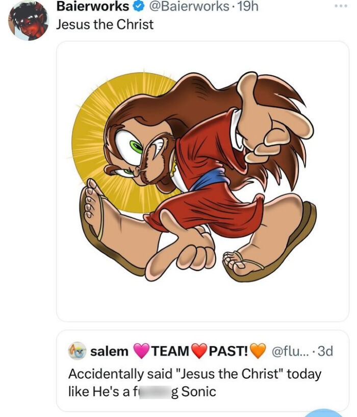 Bizarre brand new sentence depicting cartoon Jesus running like a famous video game character.