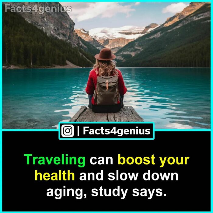 Person in a hat sitting by a lake, promoting interesting facts about travel benefits for health.