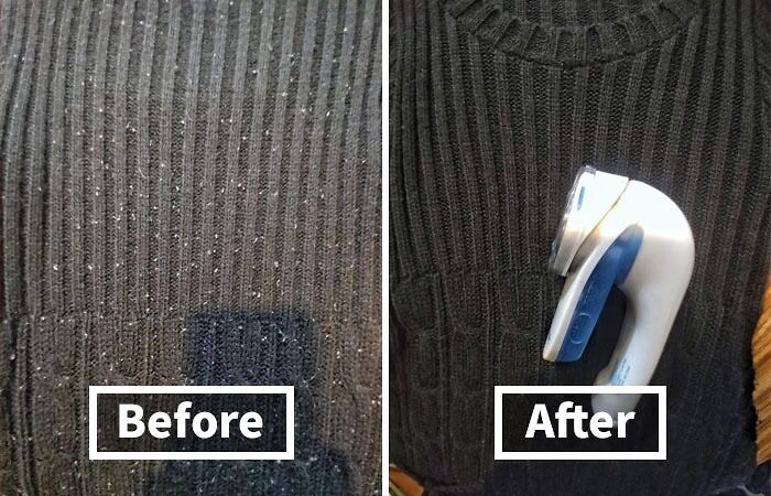 &ldquo;Cheap fixes: Sweater before and after depilling with a fabric shaver.&quot;