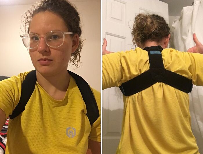 Woman wearing posture corrector, a cheap fix for back problems, in front and back view with a yellow shirt and glasses.