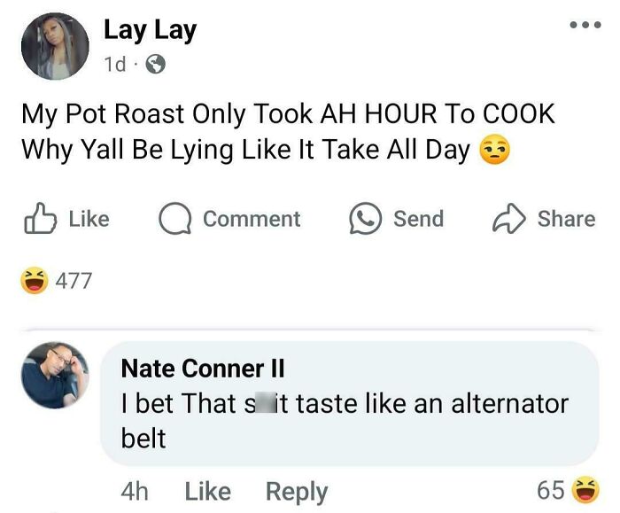 Bizarre new sentence about pot roast cooking time with a humorous comment comparing it to an alternator belt taste.