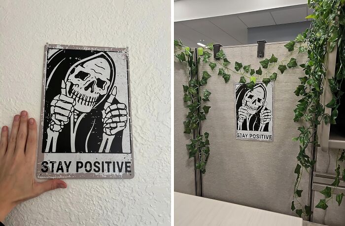 Add A Dash Of Dark Humor To Your Office Decor With The "Stay Positive" Metal Grim Reaper Sign, A Delightfully Ironic Reminder To Keep Your Chin Up, Even In The Face Of A Soul-Crushing 9-5