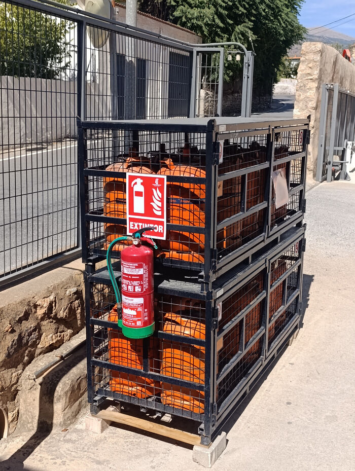 In Spain, We Attach The Fire Extinguisher To The Flammable Items, Like Gas Cylinders