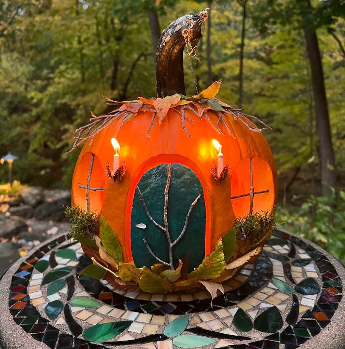 I Made A Pumpkin Cottage Today. I Used Foraged Materials (Except Candles, Paint, And Hot Glue)