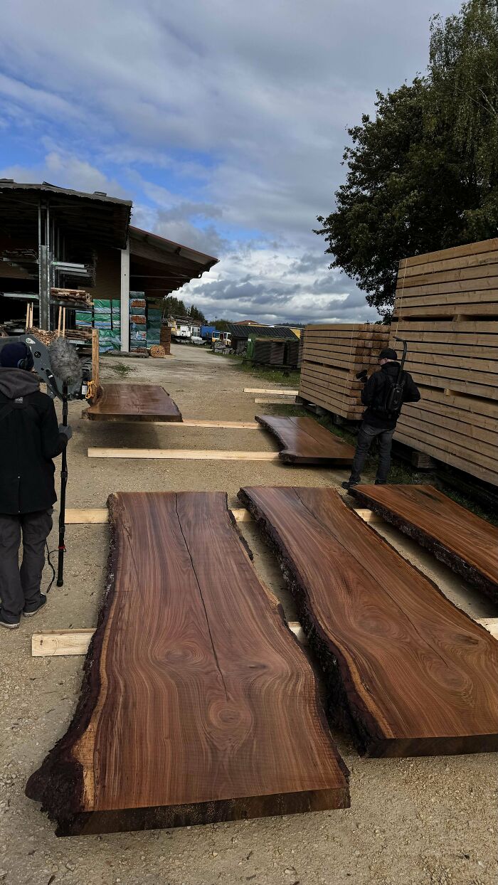 Large wooden slabs outdoors, perfect for impressive woodworking projects, surrounded by stacks of timber and sky.