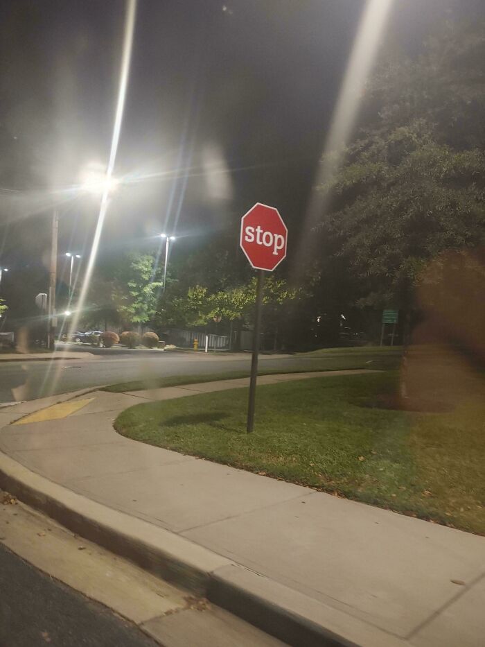 Mildly interesting scene of a stop sign illuminated at night on a quiet street corner.