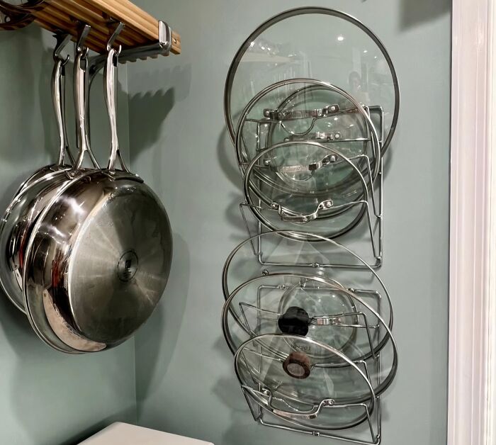 Because The Sound Of Clattering Pot Lids Is The Soundtrack To Your Kitchen Nightmares, This Mounted Pot Lid Organizer Rack Is The Sanity-Saving Solution That Keeps The Noise (And The Chaos) At Bay