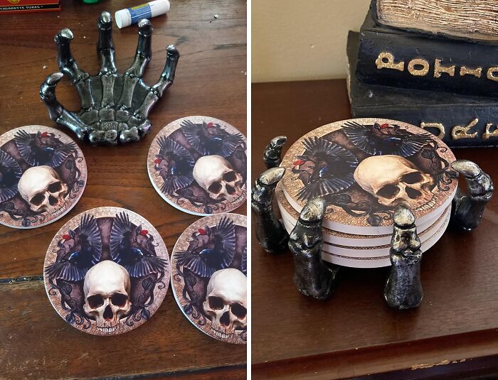 Ringed With The Silhouettes Of Death's Own Heralds, The Gothic Coasters With A Skull Motif Darken The Surface Of Your Furniture, A Morbid Tableau That Greets Every Raised Glass With A Grim