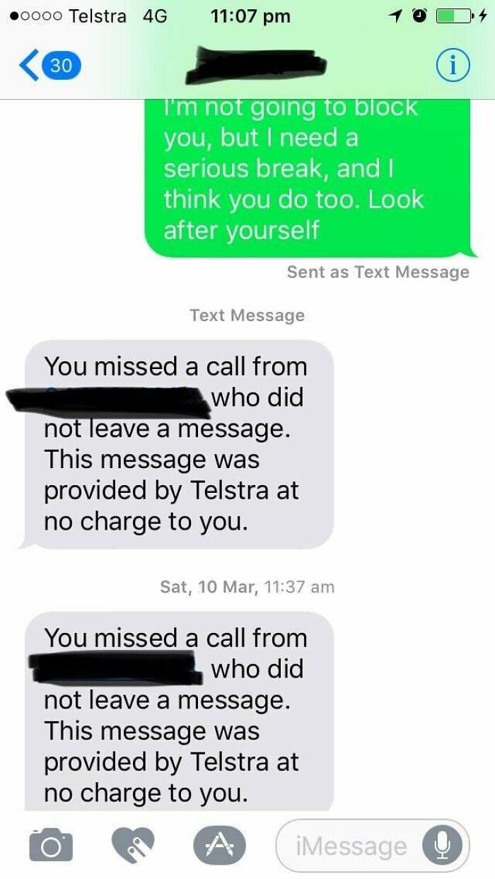 "Text conversation about taking a break; missed call notification from Telstra."