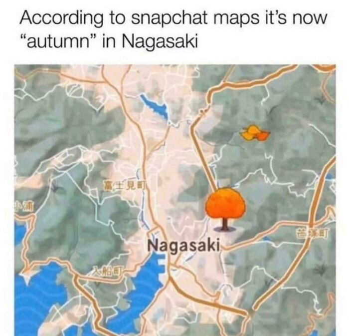 Snapchat map humor shows Nagasaki marked with a giant orange tree icon, indicating "autumn" hilariously.