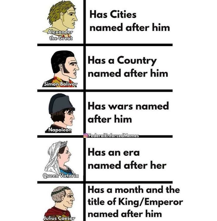 Historical memes featuring leaders with places and eras named after them.