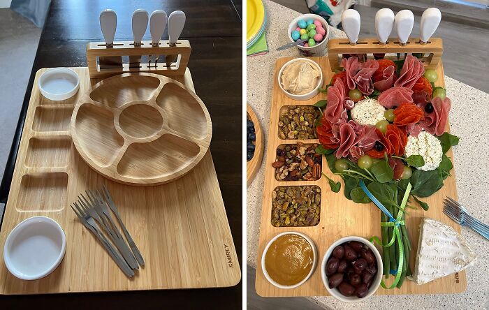 Elevate Your Holiday Entertaining With A Beautifully Crafted Charcuterie Board With Dividers And Cheese Knives - A Stylish And Functional Board Perfect For Showcasing A Variety Of Cured Meats, Artisanal Cheeses, And Accompaniments, With Built-In Dividers And Knives For A Seamless Serving Experience