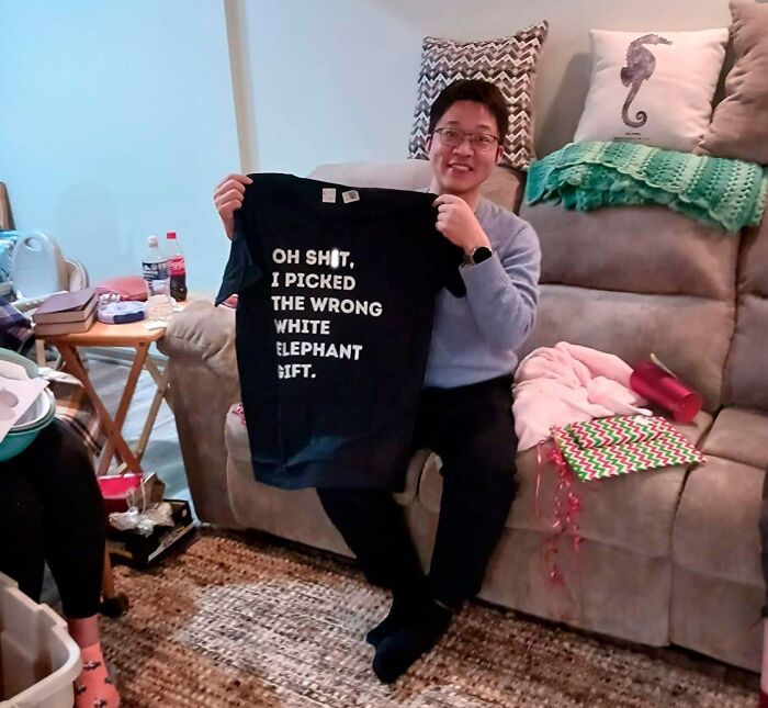 Wear Your White Elephant Shame On Your Sleeve (Literally) With This Hilarious Funny T-Shirt That Confesses Your Gift-Choosing Fail To The World