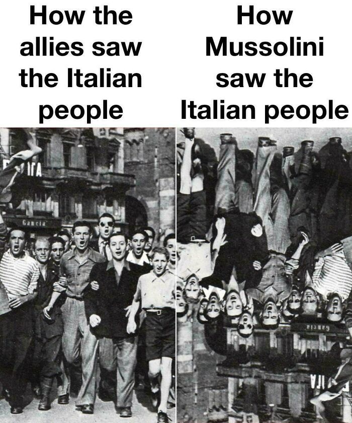 Hilarious meme showing two perspectives of Italian people during history, one normal and one upside down.