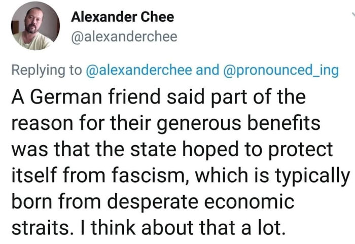 Tweet discussing Germany's benefits policy to protect from fascism, reflecting on economic desperation; relevant to lost generation truths.