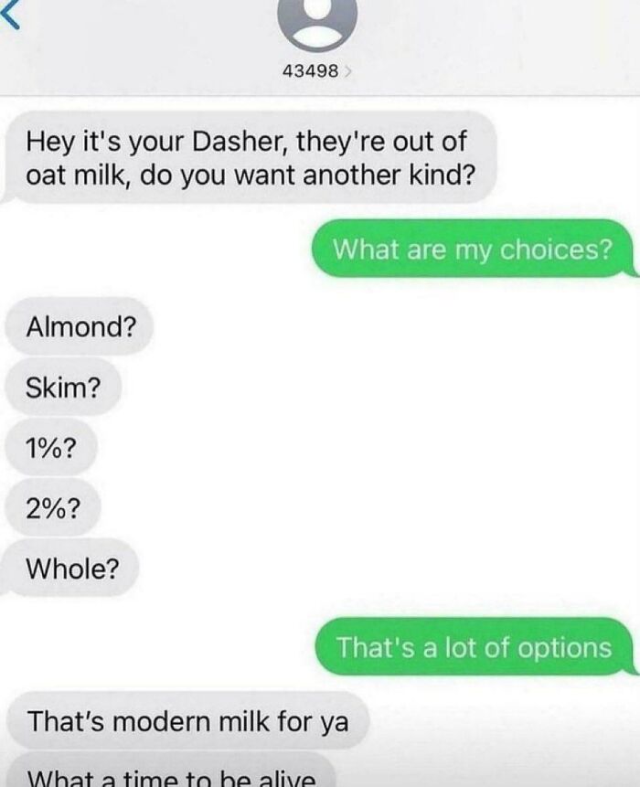 Text exchange humorously listing milk options, highlighting bizarre modern choices in a funny way.