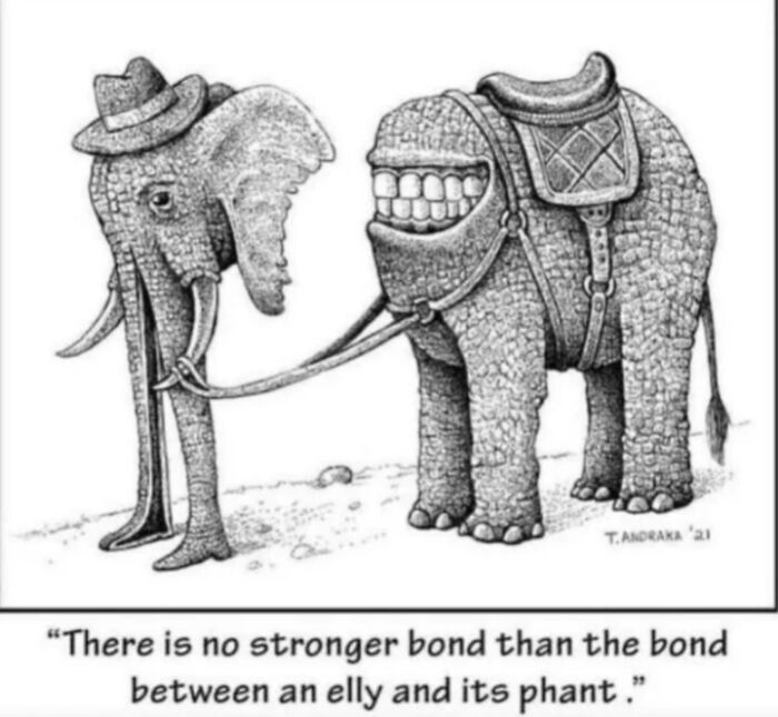 Cartoon of an elephant with big teeth and a trunk wearing a hat, humorously depicted as a "final boss" in real life.