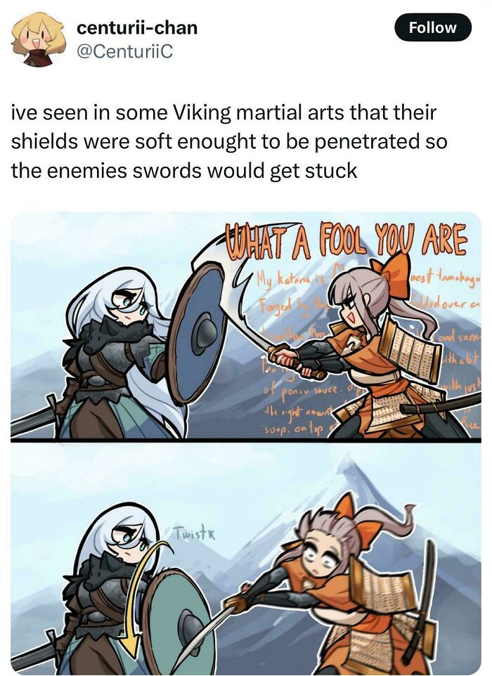 Anime-style comic illustrating a humorous historical meme about Viking martial arts and flexible shields.