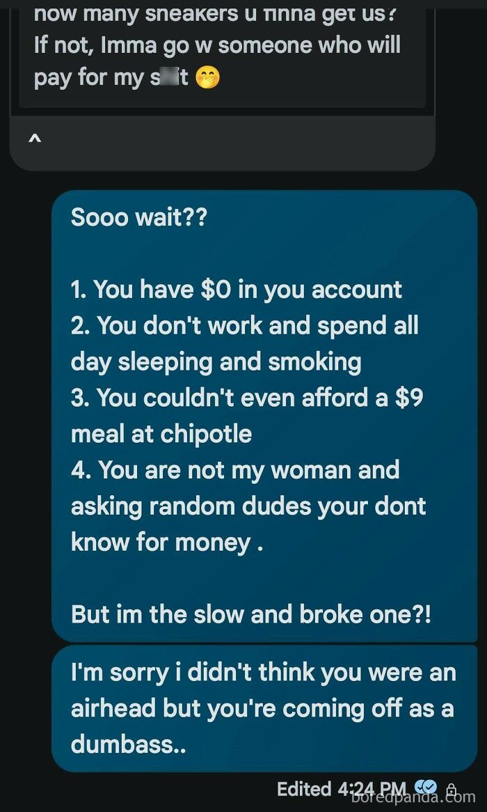 Chat conversation highlighting a reality check for a woman demanding sneakers despite not having money.