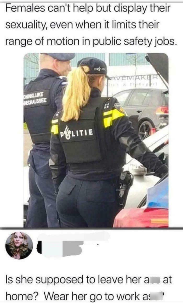 Police officer seen from behind, standing by a car, with humorous text overlay in bizarre new sentence style.