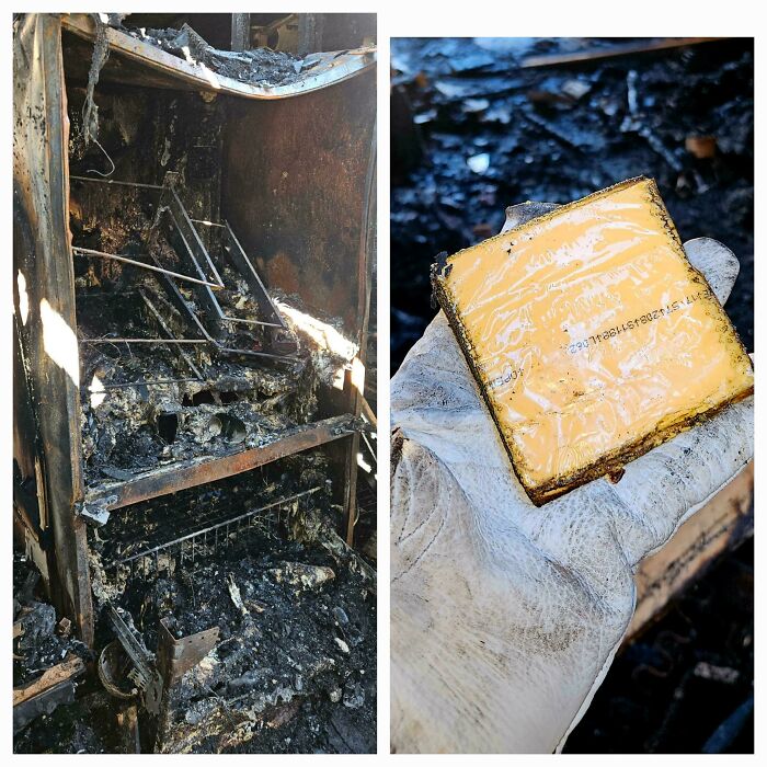 Mildly interesting: a burnt appliance next to a preserved cheese slice in plastic wrap.