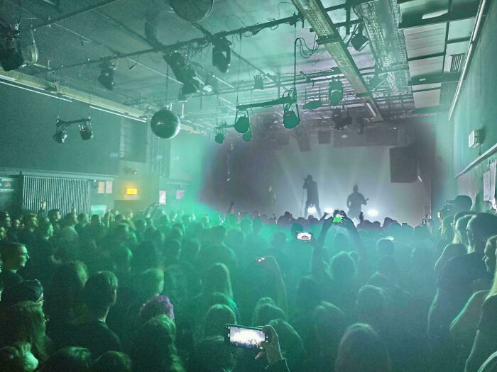 Concert scene with a green glow, featuring a shadowy silhouette on stage, captivating a large crowd experiencing something mildly interesting.