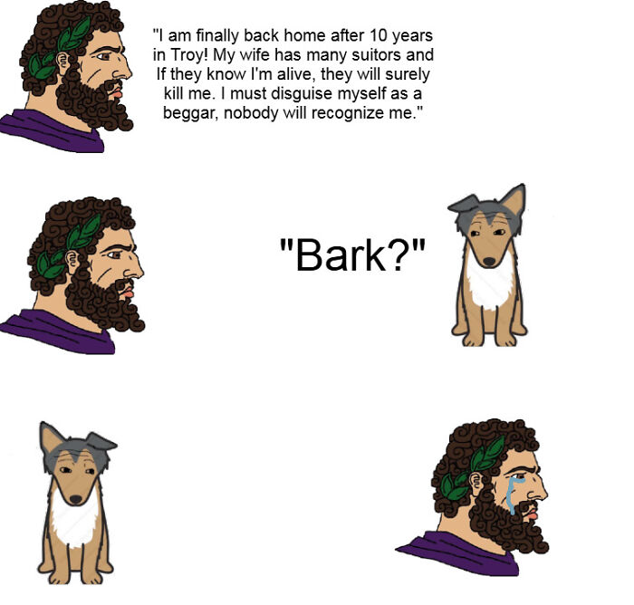 History meme: a man in a toga talks to a dog that says "Bark?" The man then tears up.