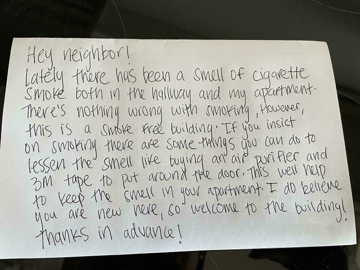 Is This An Acceptable Note To Leave My Neighbor That’s Smoking In A Smoke Free Building?