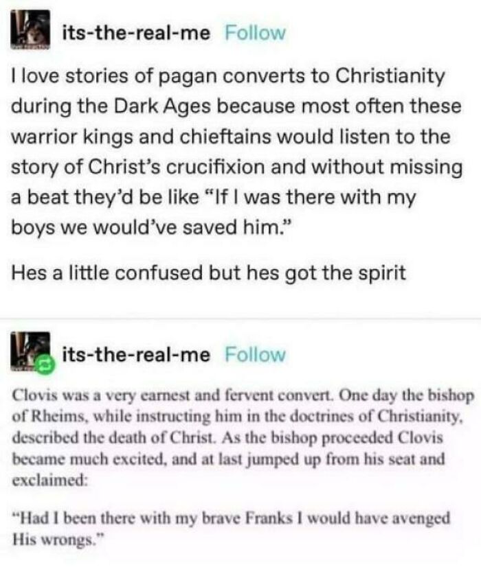 Hilariously accurate meme about pagan converts to Christianity during the Dark Ages, with humorous historical interpretation.